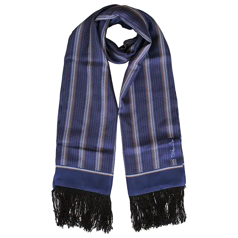 Obsidian Stripes Printed Silk Scarf with Fringes | Stefano Cau